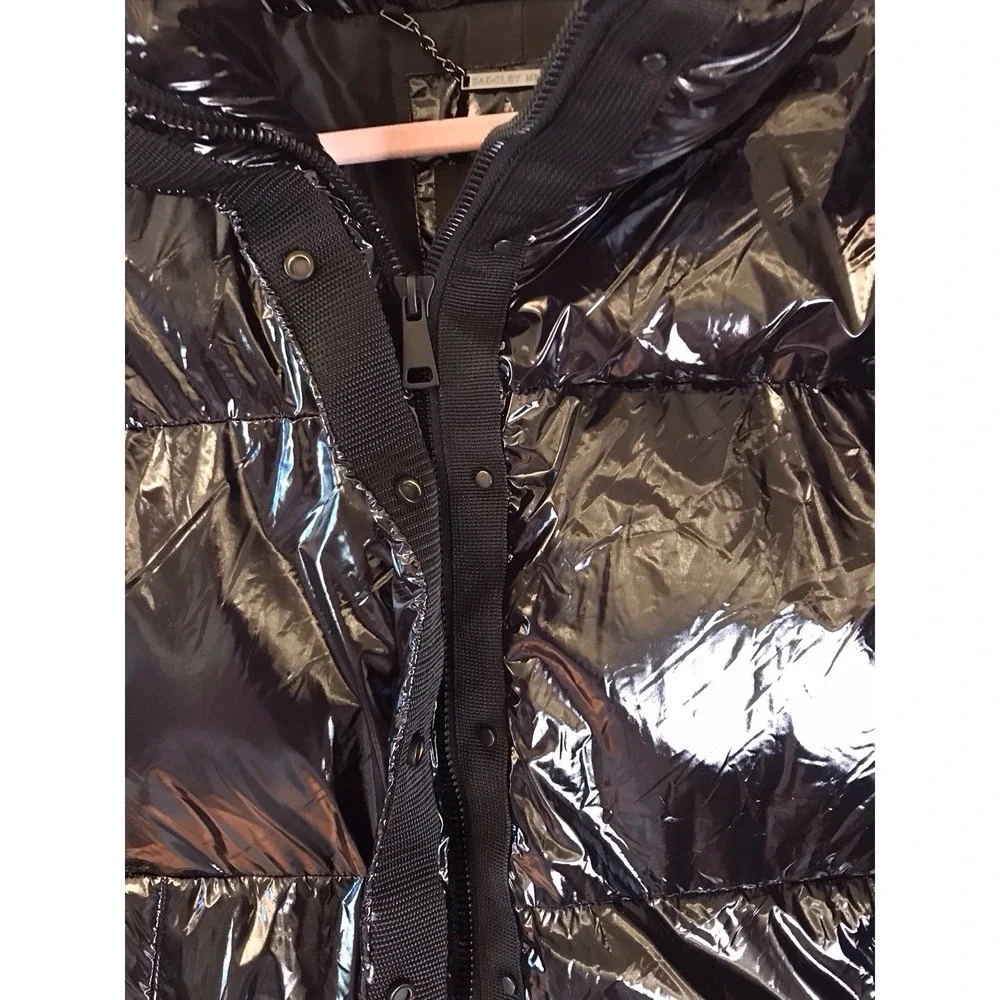 NWT Women BADGLEY MISCHKA‎ Roberta Coat Jacket Puffer Shiny Black  Vegan Down L